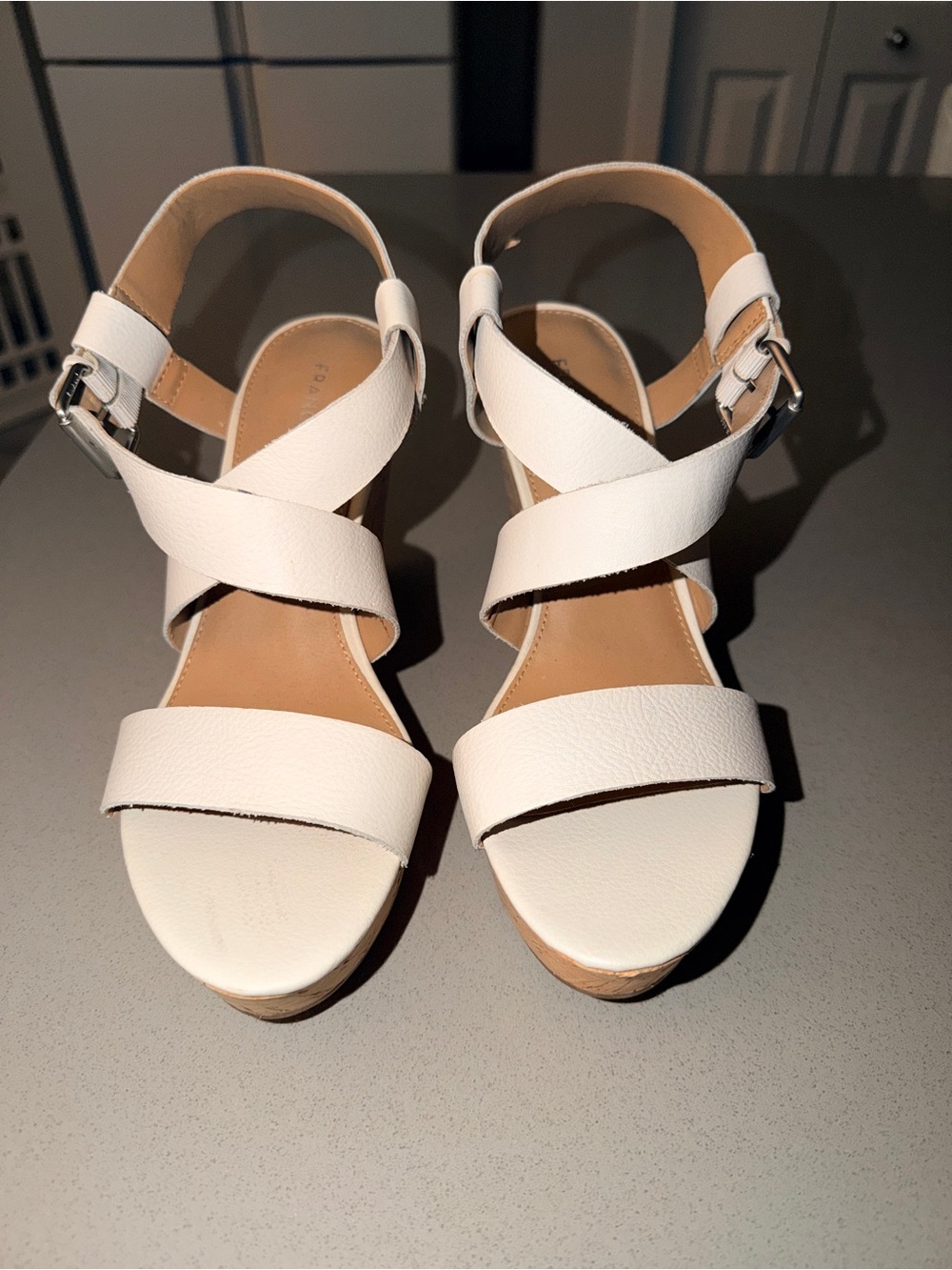 White Leather Cork Wedge Sandals with Ankle Buckle NEW size 8.5 - Picture 6 of 8